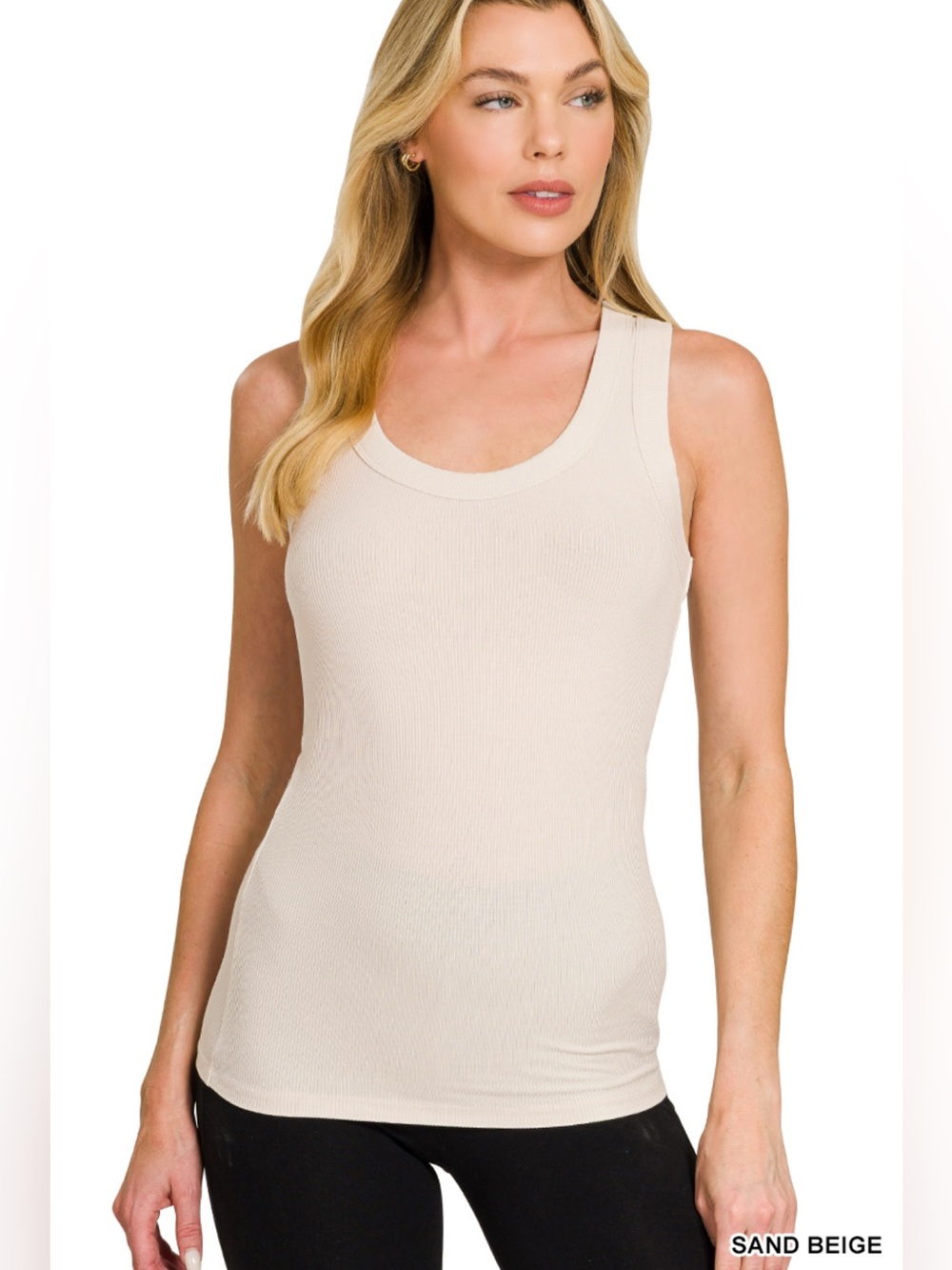 Zenana Sand Beige Ribbed Scoop Neck Tank Top